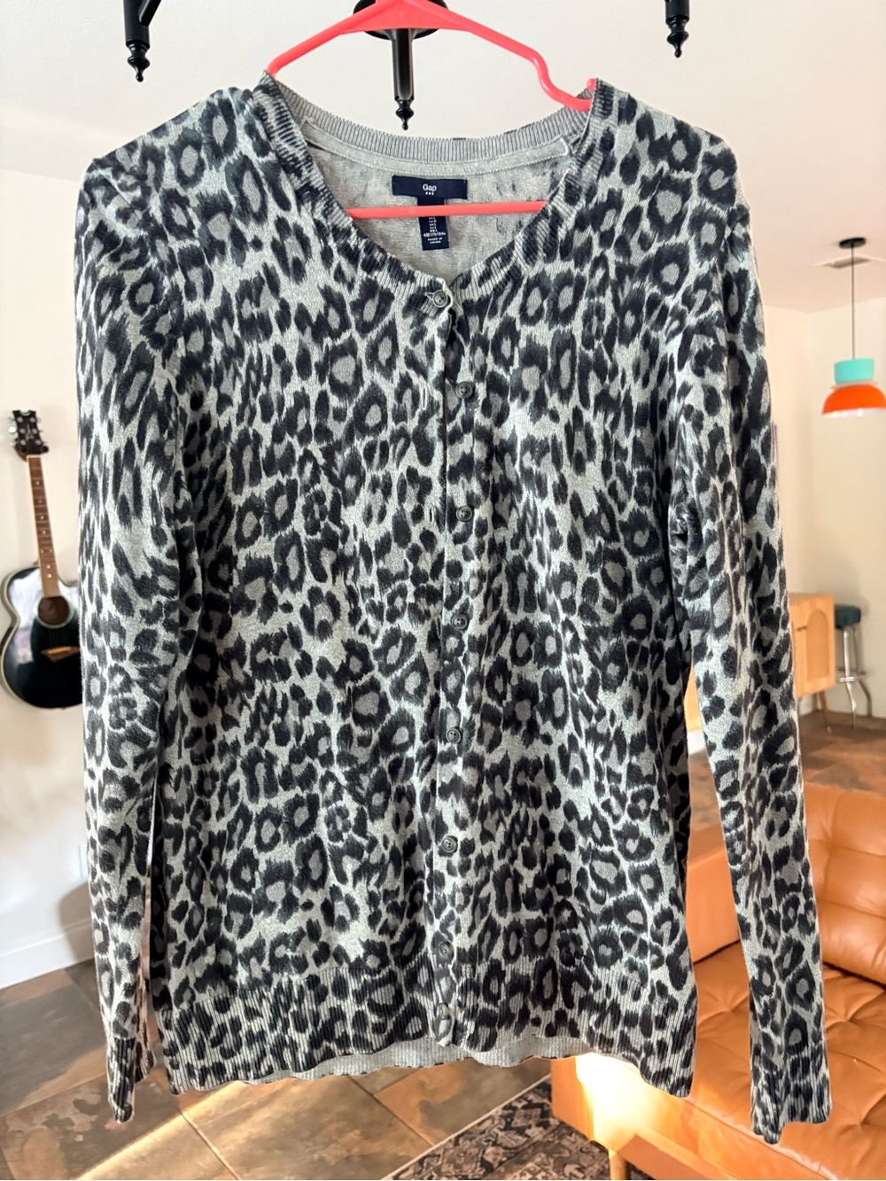 GAP Women's Black and Gray Leopard Print Button-Front Cardigan